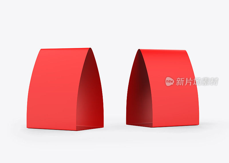 促销空白桌子帐篷模型，红色桌子卡设置设计使用的模型，三角形纸卡为商务会议或餐厅菜单，3d插图