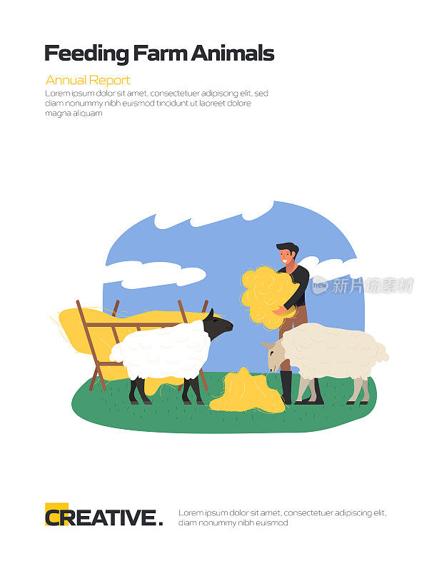 喂养农场动物的概念平面设计海报，封面和横幅。现代平面设计矢量插图。