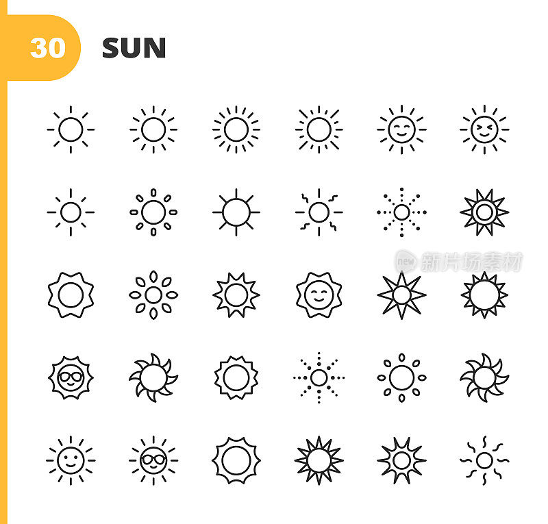 太阳线图标。可编辑的中风。像素完美。移动和网络。包含如太阳，阳光，夏天，假日，海滩，气候，环境，天空，能源，自然，热带，夏威夷，旅游，温暖，热，热，阳光等图标。