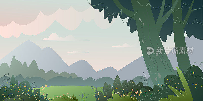 在前景中有一棵树的水平景观。插图以卡通风格描绘自然。