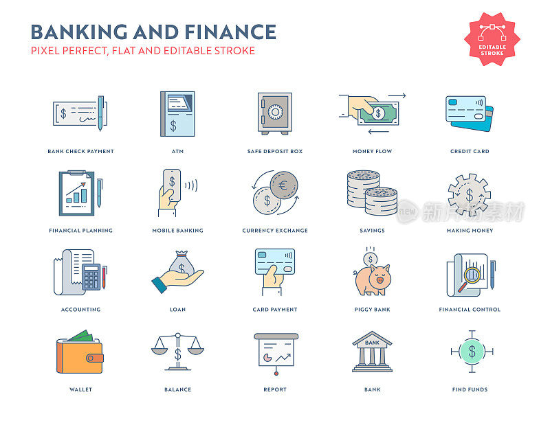 银行和金融平面图标集与可编辑的笔触和像素完美。