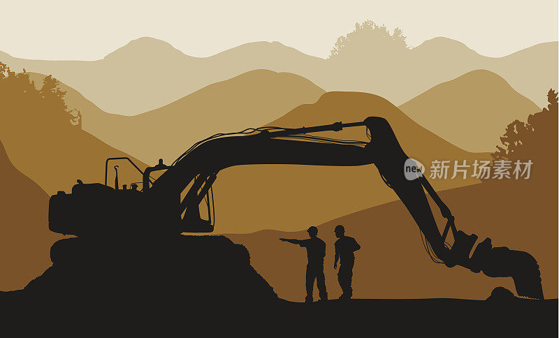 挖掘机装载机和工人在矿山