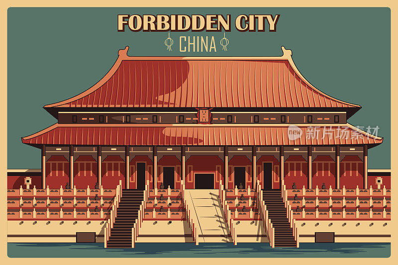 北京紫禁城著名纪念地的复古海报