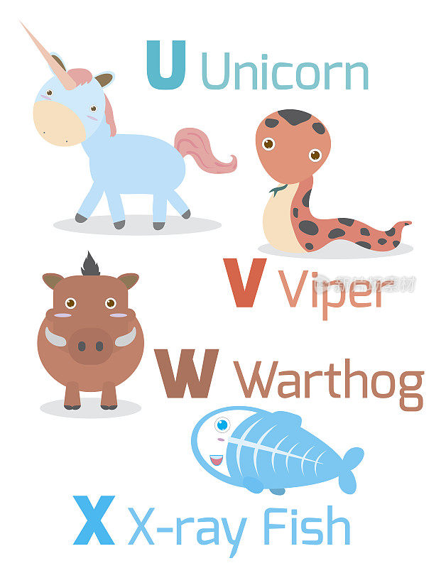 可爱的字母和有趣的动物从U到X
