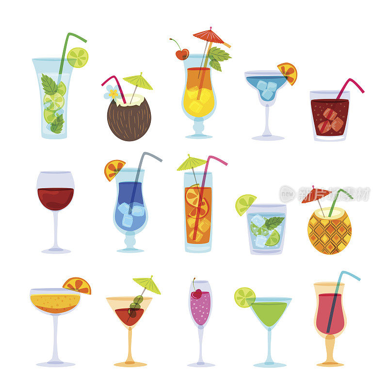 热带鸡尾酒，果汁，葡萄酒和香槟酒杯。矢量手绘涂鸦插图。
