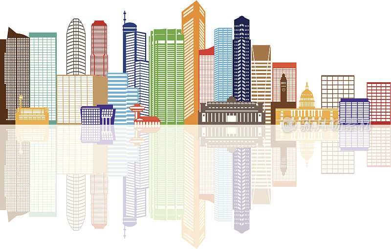 新加坡城市天际线颜色与反射矢量插图