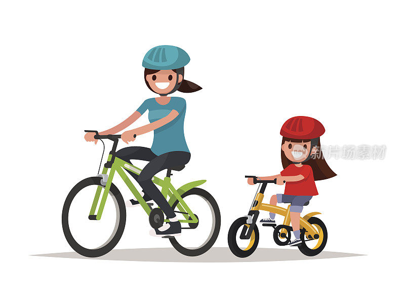 骑自行车。妈妈和女儿在骑自行车。向量