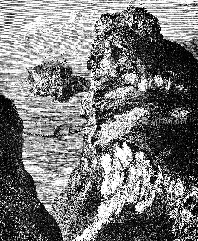 19世纪的文章插图描绘了维多利亚时期著名的旅游目的地北爱尔兰卡里克-a-雷德索桥;分散种子1892