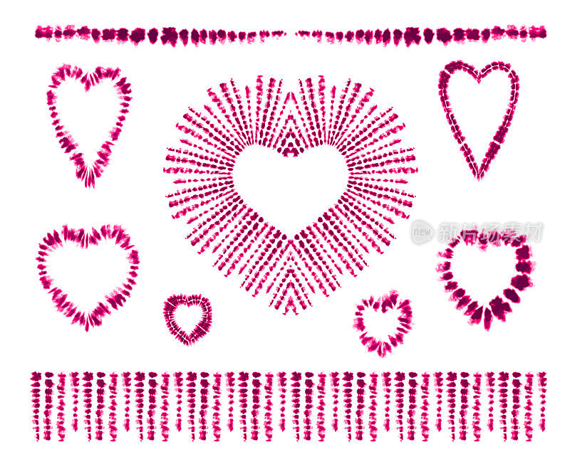 红心扎染。情人节。艺术画笔。Shibori风格的印花。缎带装饰，缎带，镶边。