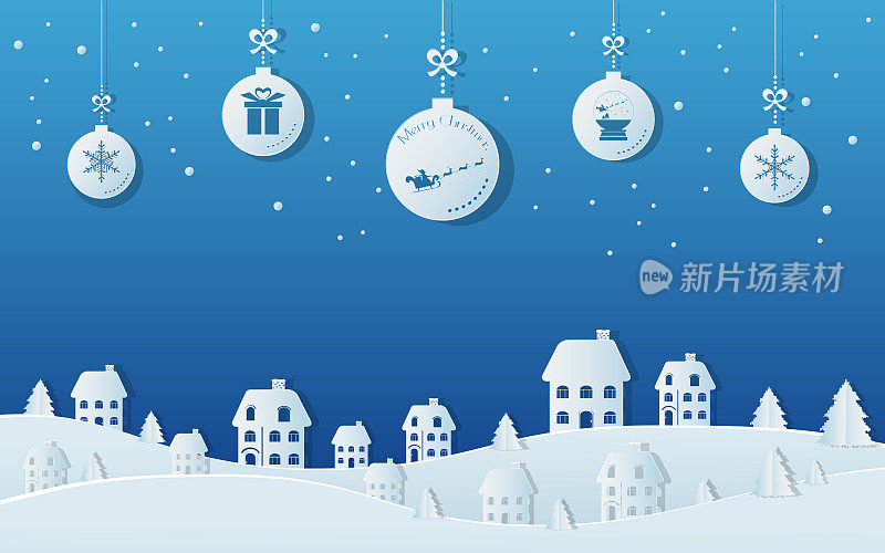 纸艺术概念圣诞球挂丝带在雪村景象。圣诞快乐，恭贺新禧。