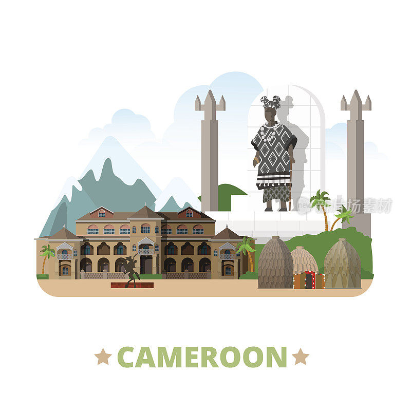 喀麦隆国家设计模板。平面卡通风格的历史景观网络矢量插图。世界度假旅行非洲非洲收藏。宫殿苏丹巴蒙马斯古姆泥屋雕像酋长班卡。