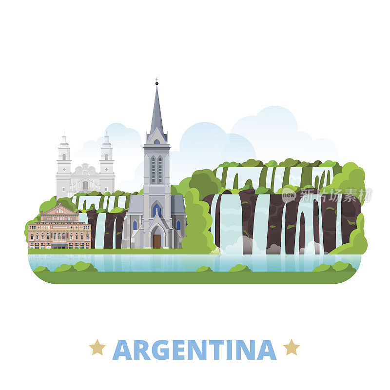 阿根廷国家平面卡通风格的历史景观网站矢量插图。世界度假旅行美国收藏。耶稣会街区和圣卡洛斯·德·巴里洛切科隆大剧院