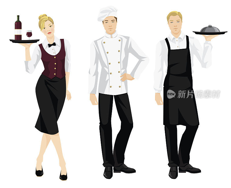 厨师长，厨师长和女招待都穿正装