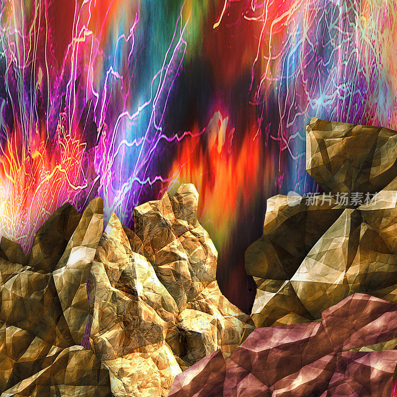 动态背景与破裂的岩石和戏剧性的天空。有火焰和射线的火山