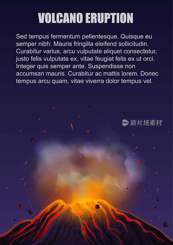 火山喷发与熔岩海报概念。矢量插图。