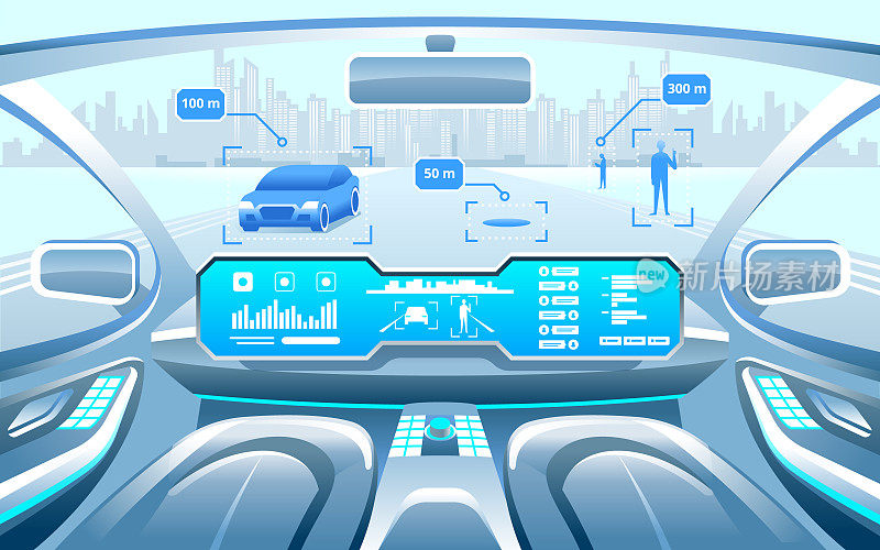自动智能汽车内饰。汽车在城市高速公路上自动驾驶。显示器显示车辆正在移动的信息，GPS，旅行时间，扫描距离协助应用程序。未来的概念