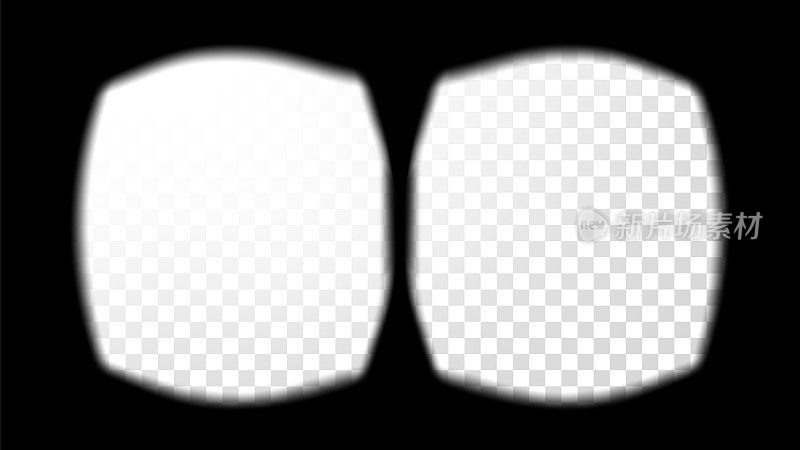 虚拟现实眼镜视景向量。屏幕框架模板。虚拟现实技术。立体屏幕视频。透明背景说明