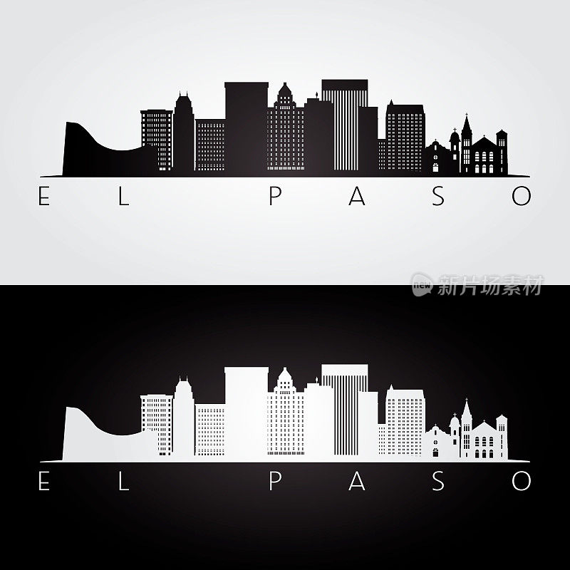美国埃尔帕索的天际线和地标剪影，黑白设计，矢量插图。