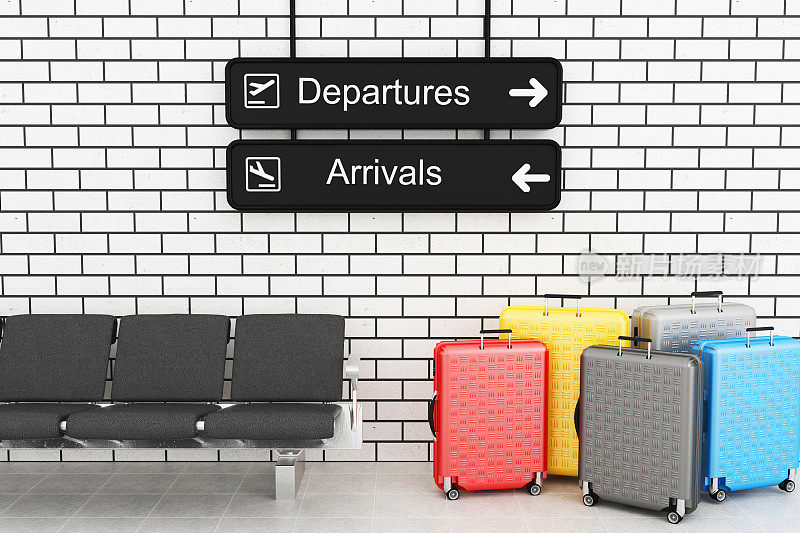3d机场出发和到达信息板和旅行箱。
