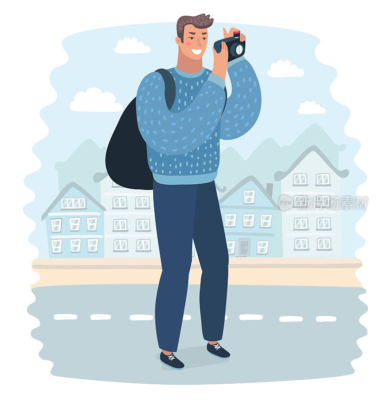 向量卡通插图的人漫游者正在拍摄的相机的城市，而他站在街道上。