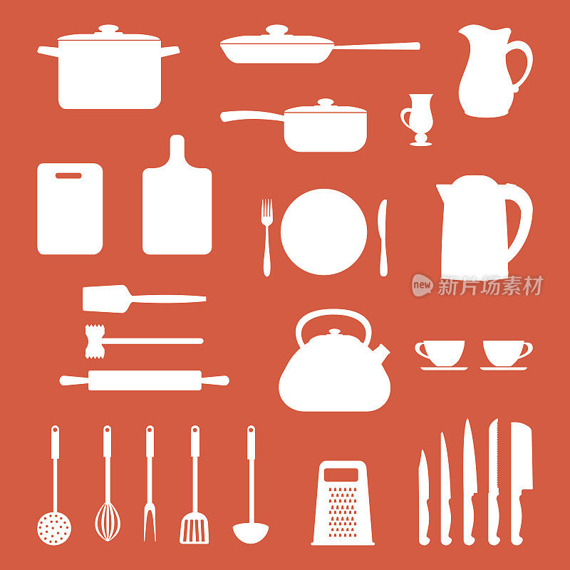 橙色背景上是白色形状的厨房用具和工具