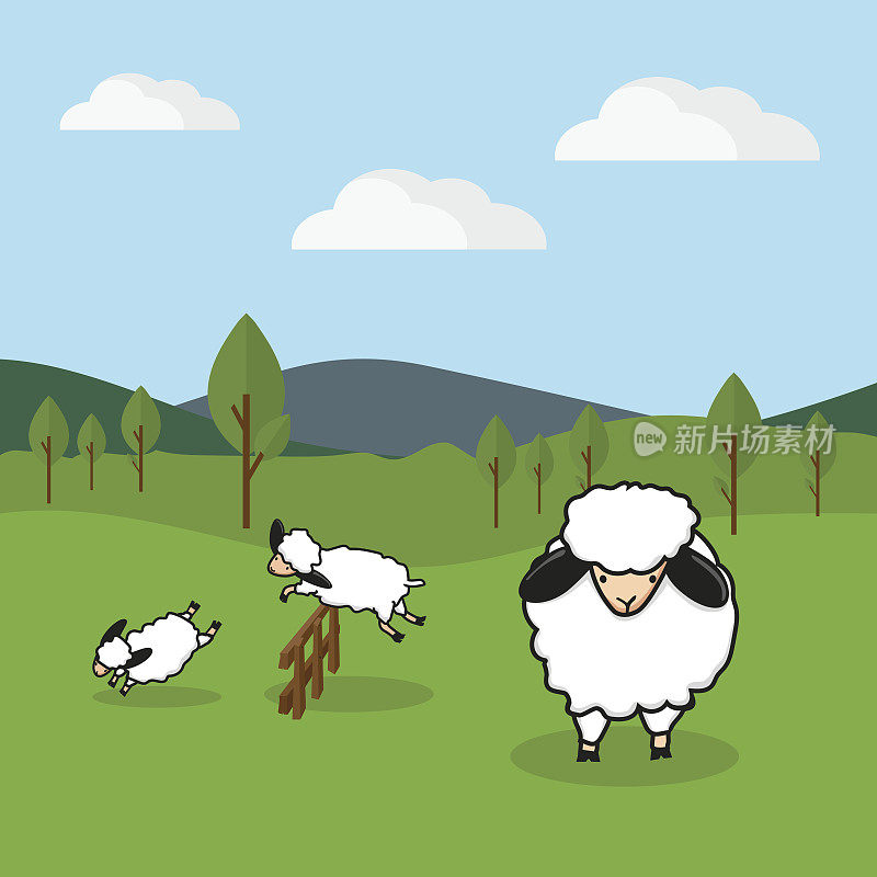 羊群在草地上跳过篱笆。