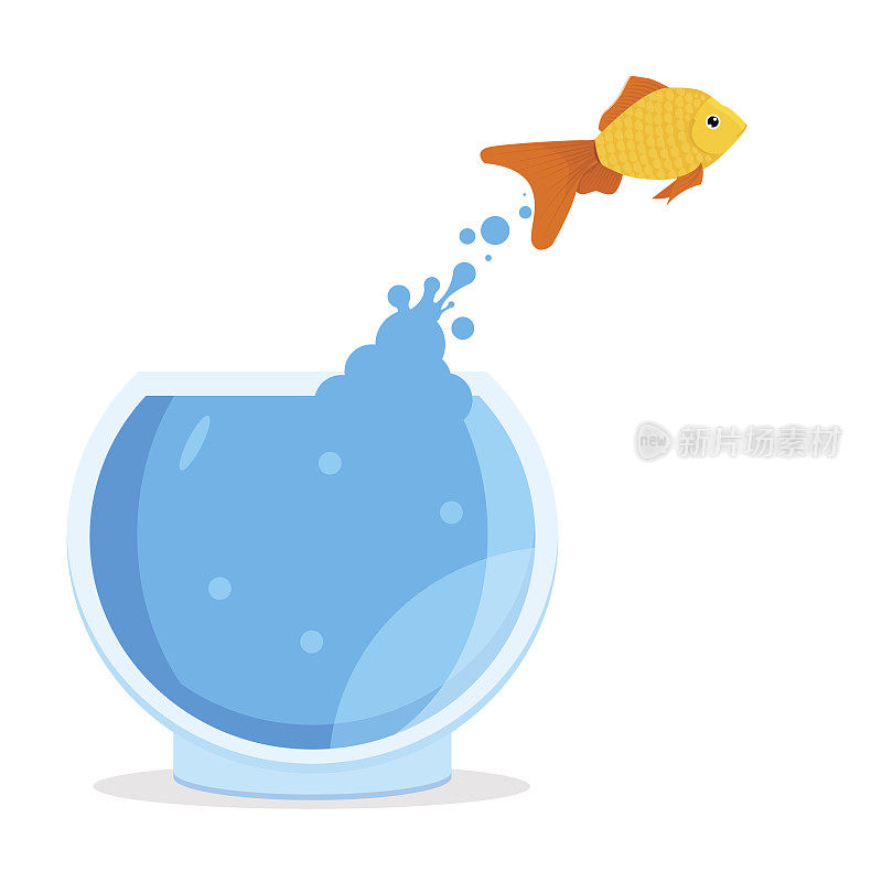 金鱼从鱼缸里跳出来。矢量图