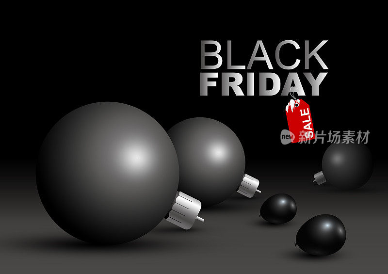 向量黑色星期五销售设计大圣诞球和气球在黑暗的背景