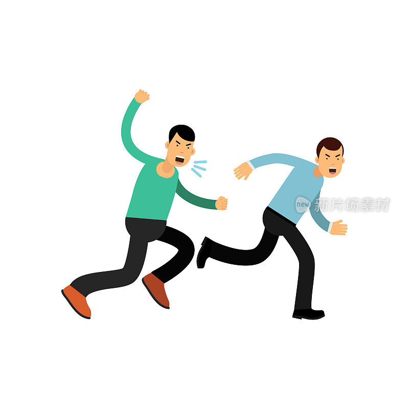 一个穿着蓝色毛衣的男人从愤怒的家伙身边跑开的卡通插图。攻击性和暴力行为