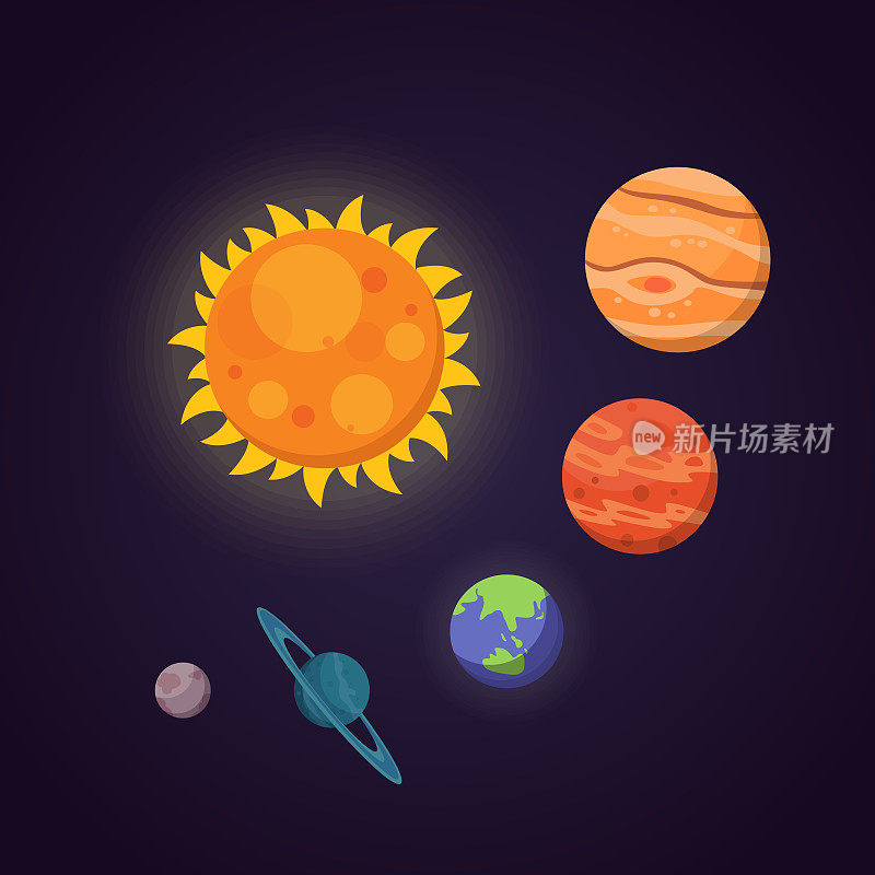 一组色彩鲜艳的行星。太阳系，有恒星的空间。可爱的卡通矢量插图。