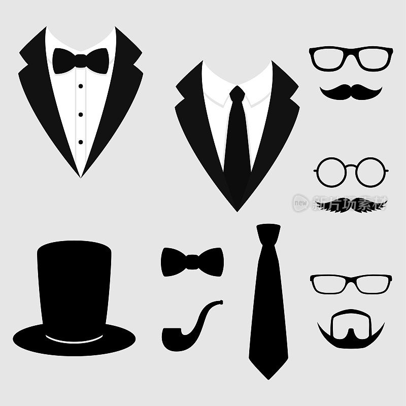 男人的夹克。燕尾服，小胡子，眼镜，胡子，烟斗和礼帽。结婚礼服配领结和领带。矢量图标。