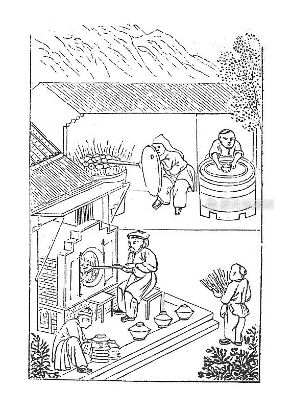 瓷器生产在中国的古老传统中，在开式和封闭式炉中烧制