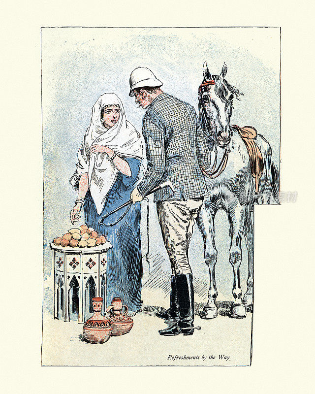 一名英国男子在市场上向一名女子买水果，埃及，维多利亚时代，19世纪