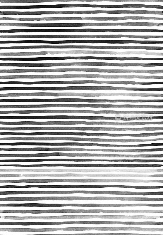 狭窄的黑色水彩画水平线孤立在白纸背景上-抽象简单的矢量插图与可见的缺陷-条纹图案设计与可见的稀释梯度不均匀的油漆分布和纹理效果