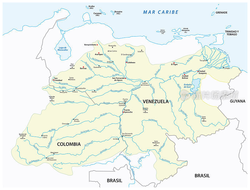 奥里诺科河流域盆地的矢量地图
