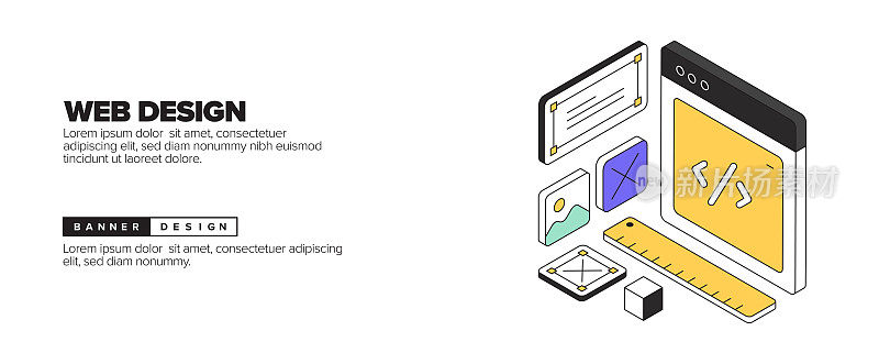 网页设计概念等角网页横幅，海报，封面和横幅的三维设计