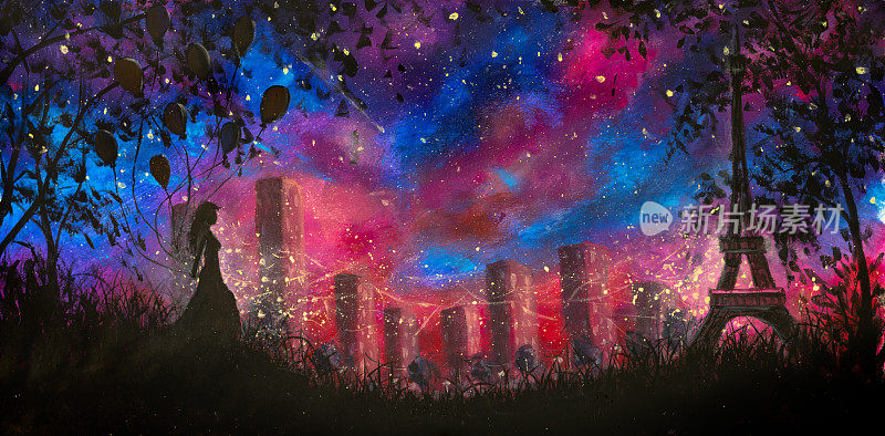 手绘艺术画夜城巴黎与气球女孩和美丽的埃菲尔铁塔艺术幻想背景油画丙烯画布上的夜景与蓝色紫色的星空