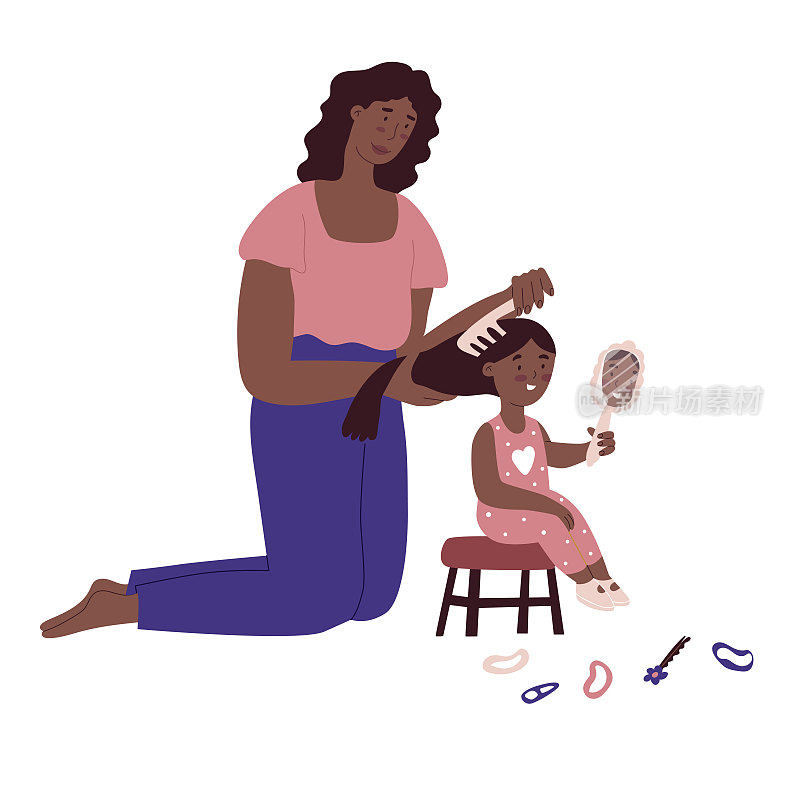 妈妈在梳理女儿的头发。平面风格在矢量插图。家庭日，育儿日，单身母亲，黑种人，公主，配饰，发髻，礼服。孤立在白色背景上。