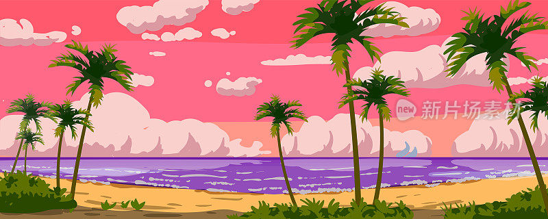 日落海洋热带度假酒店景观全景。海边沙滩，阳光，异国风情的轮廓棕榈树，海岸线，云彩，天空，暑假。矢量插图卡通风格