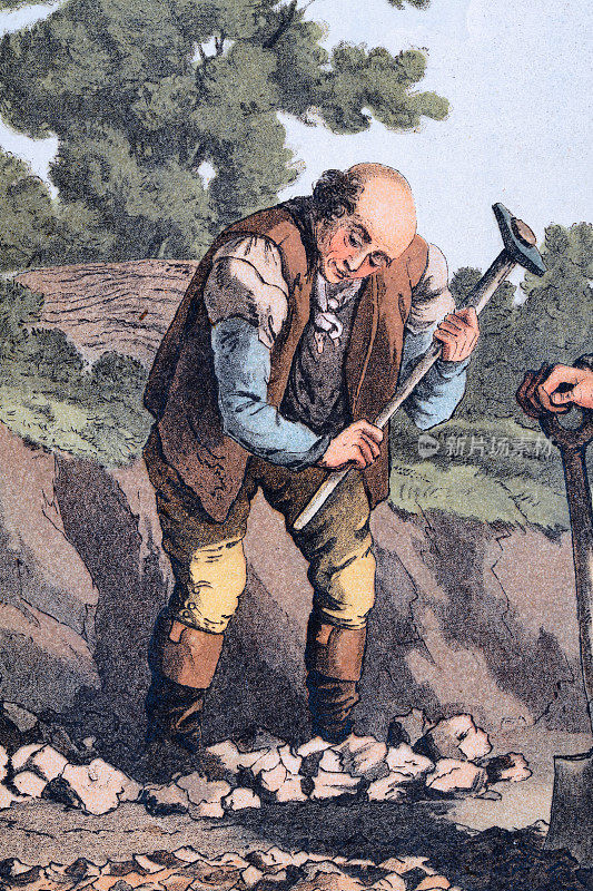 19世纪早期英国约克郡用大锤碎石铺路的手工工人