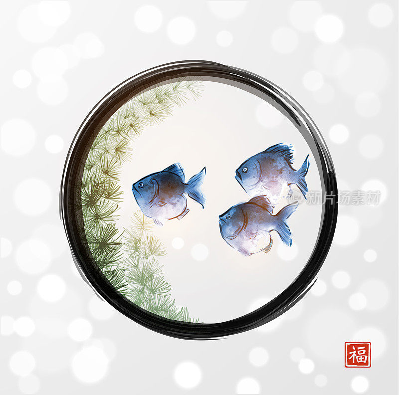 三只蓝色的鱼在黑色的enso禅宗圈在白色发光的背景。传统东方水墨画梅花、梅花、梅花。翻译象形文字-好运