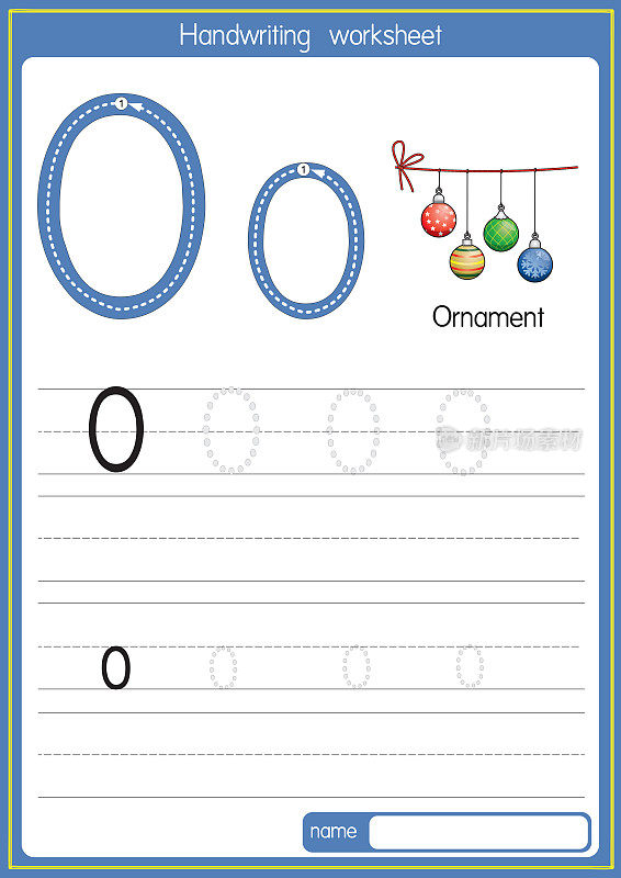 矢量插图装饰字母O大写字母或大写字母的儿童学习练习ABC