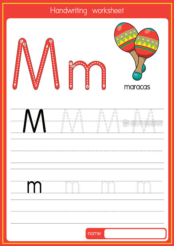 矢量插图的沙球与字母M大写字母或大写字母的儿童学习练习ABC