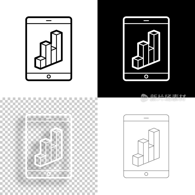 平板电脑与3D图表。图标设计。空白，白色和黑色背景-线图标