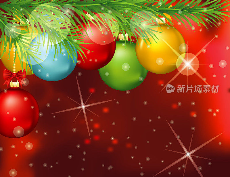 圣诞节背景与小饰品挂在常青树的树枝