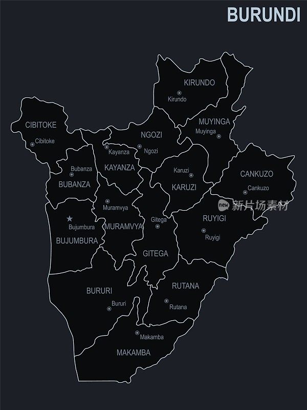 布隆迪地图，以黑色为背景的城市和地区