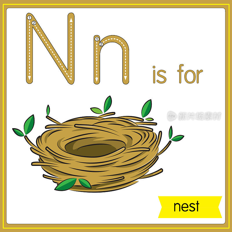 矢量插图学习字母为儿童与卡通形象。字母N是巢。