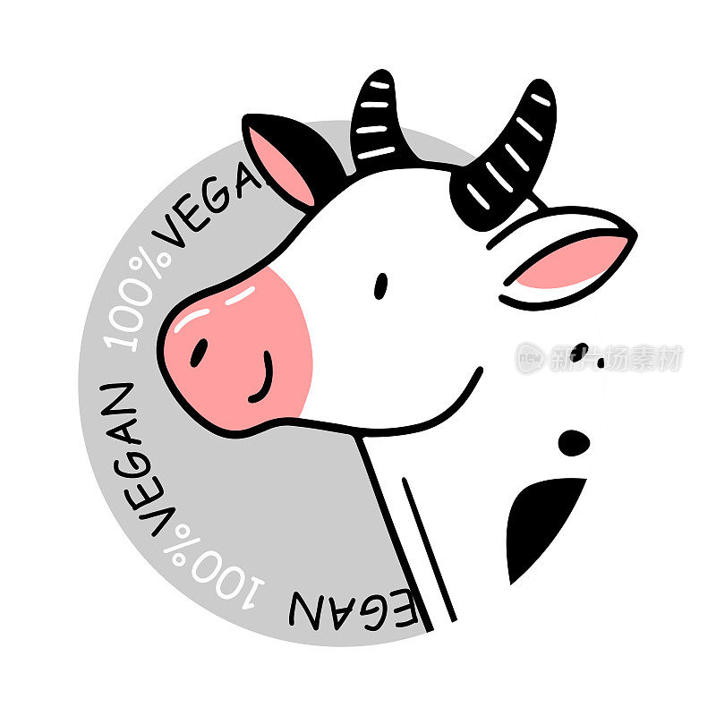 100%素食主义者徽章与可爱的奶牛在涂鸦风格。矢量插图。