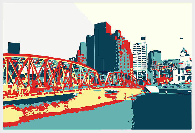 矢量色彩雕刻上海城市外白渡桥图案插图背景