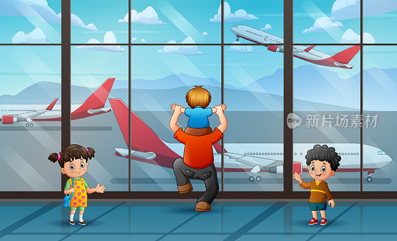 卡通人物在机场房间插图与飞机的视角从玻璃窗